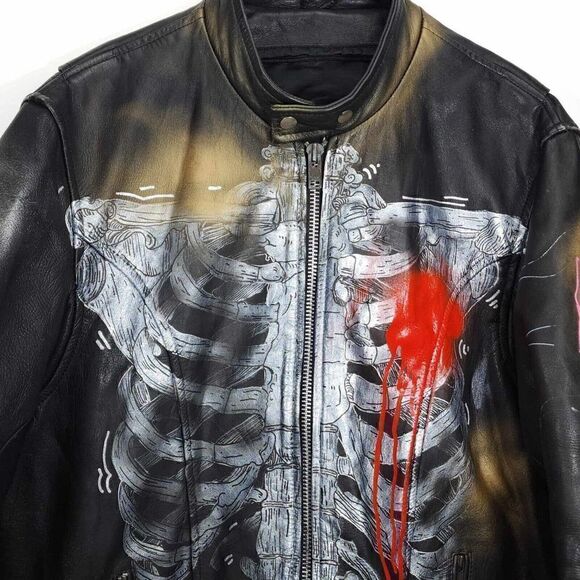 Mega Force Men's Sz46 Black Leather Custom Hand Painted Zip Motorcycle Jacket - Picture 2 of 16